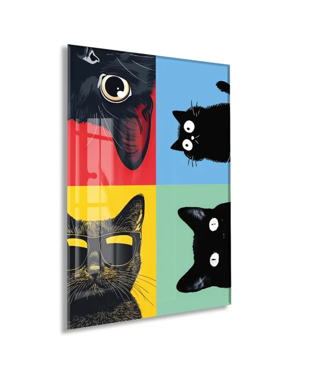 Pop Art Cats – Dört Ruh, Tek Stil Pop Art Duvar  Cam Sanatı- Peony052