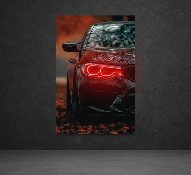 Siyah Spor Otomobil UV Baskı Neon Duvar Tablosu | Kırmızı LED Işıklı Pleksi Duvar Dekoru | Modern Otomobil Sanatı