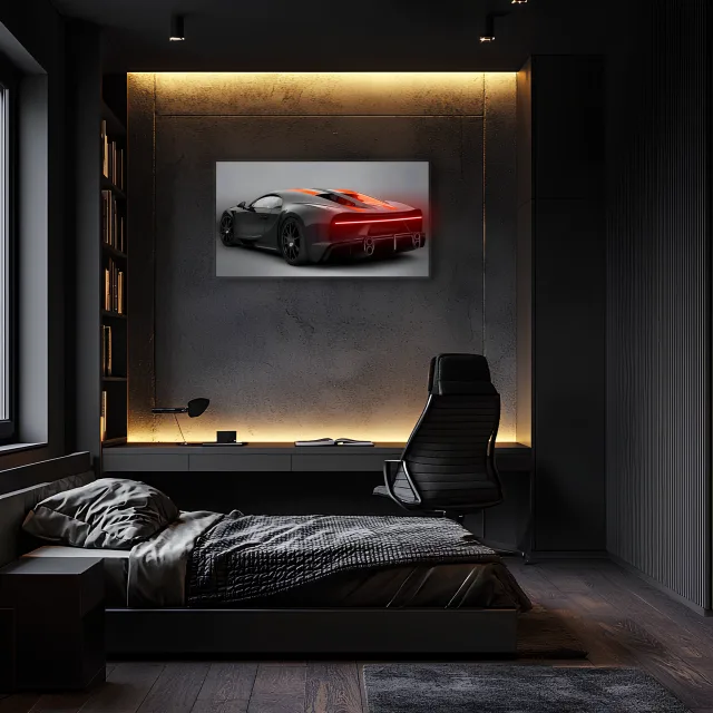 Siyah Bugatti Tarzı UV Baskı Neon Duvar Dekoru | Pleksi Işıklı Süper Araba Tablo | Modern Ev ve Ofis Dekoru