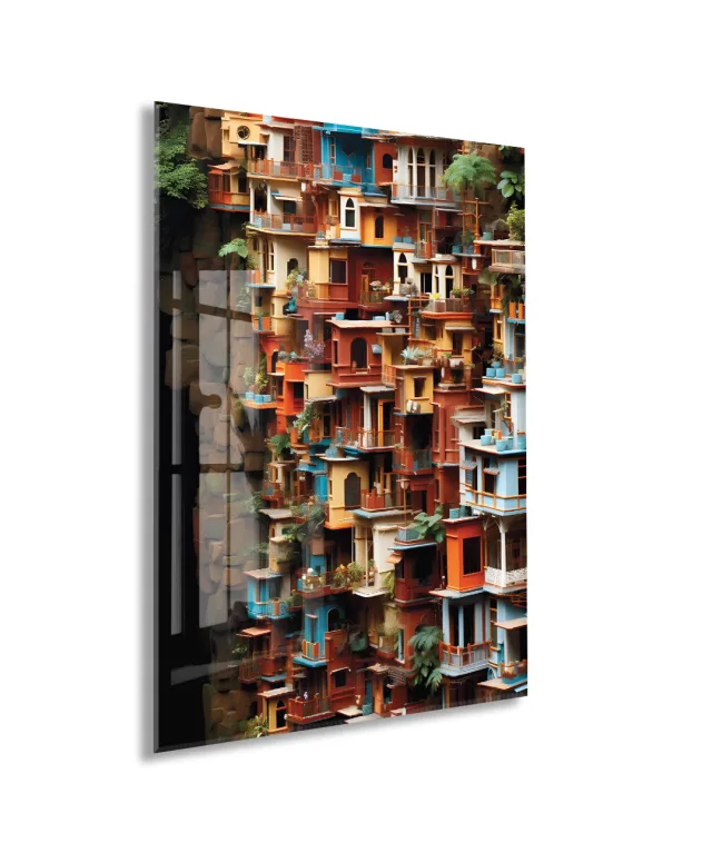 Modern Renkli Şehir Cepheleri Cam Tablo – Mimari ve Kentsel Sanat Temalı UV Baskılı Temperli Cam Duvar Tablosu - Peony019