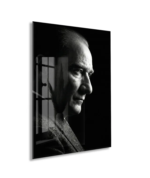 Mustafa Kemal Atatürk Siyah Beyaz Cam Tablo | 4 mm Temperli UV Baskılı Premium Duvar Dekoru-PeonyAta1301