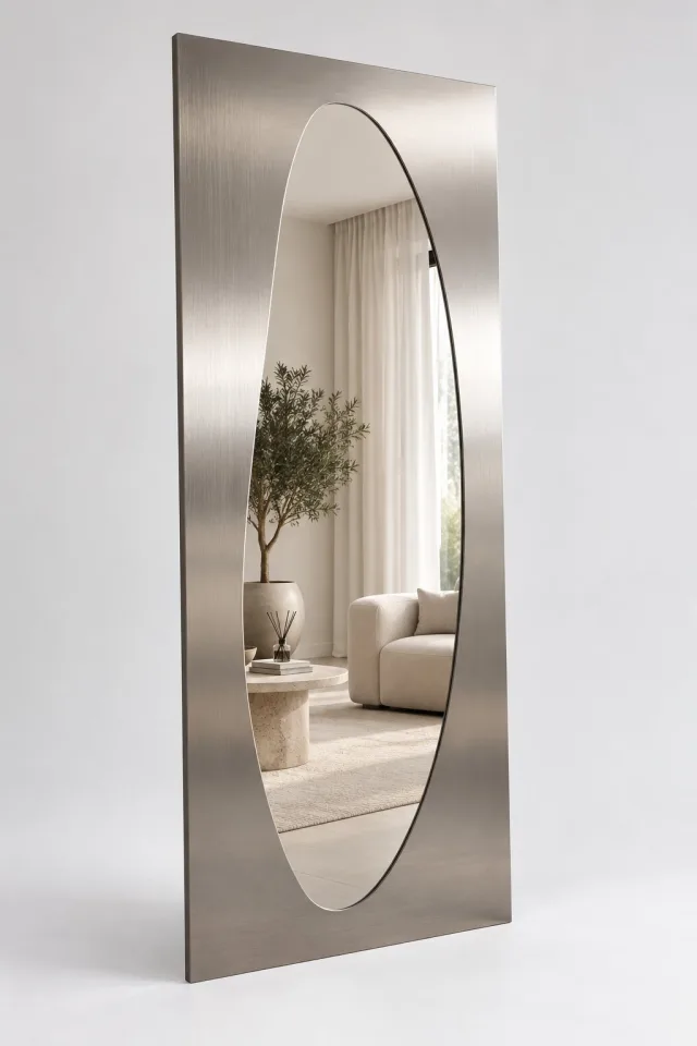 Liora | Paslanmaz Çelik Boy Aynası – 60x160 cm Fırçalı Metal Çerçeveli Asimetrik Dekoratif Duvar Aynası 2 cm Kıvrımlı Modern Tasarım