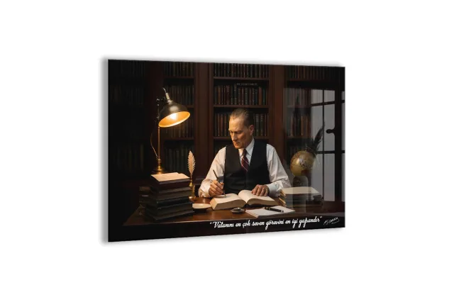 Mustafa Kemal Atatürk Çalışma Masası Cam Tablo | İmzalı Premium Cam Poster -PeonyAta1322