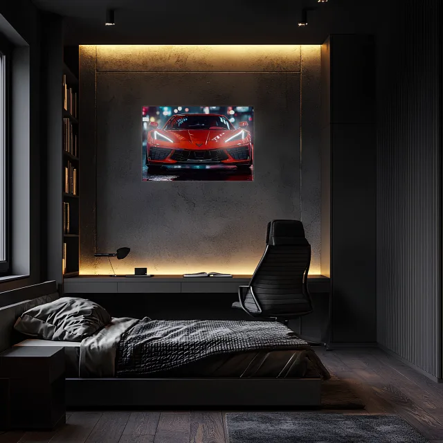 Kırmızı Corvette Tarzı UV Baskı Neon Duvar Dekoru | Pleksi Işıklı Spor Araba Tablo | Gamer Room Duvar Sanatı