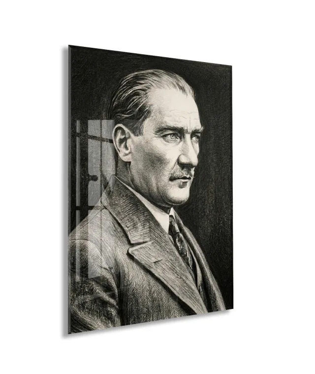 Mustafa Kemal Atatürk Karakalem Cam Tablo | Sanatsal 4 mm Temperli UV Baskılı Duvar Dekoru -PeonyAta1307