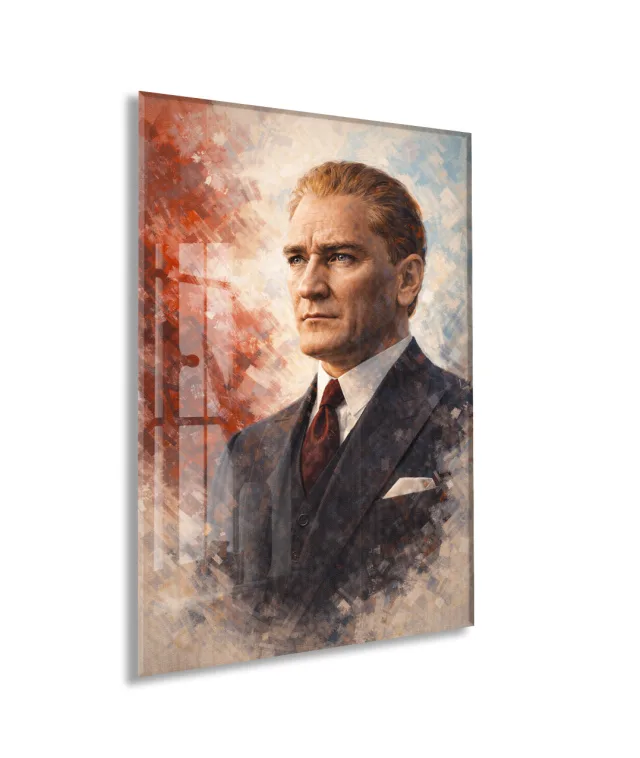 Atatürk Portresi Cam Baskı Tablo | Modern Sanatsal Stil, 4mm Temperli Cam, Yüksek Çözünürlüklü UV Baskı, Ofis ve Salon Duvar Dekoru  PeonyAta039