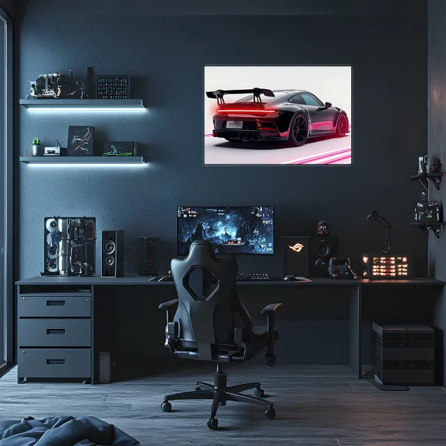 Siyah GT Spor Araba UV Baskı Neon Duvar Dekoru | Pleksi Işıklı Duvar Tablosu | Modern Ev ve Ofis Dekoru