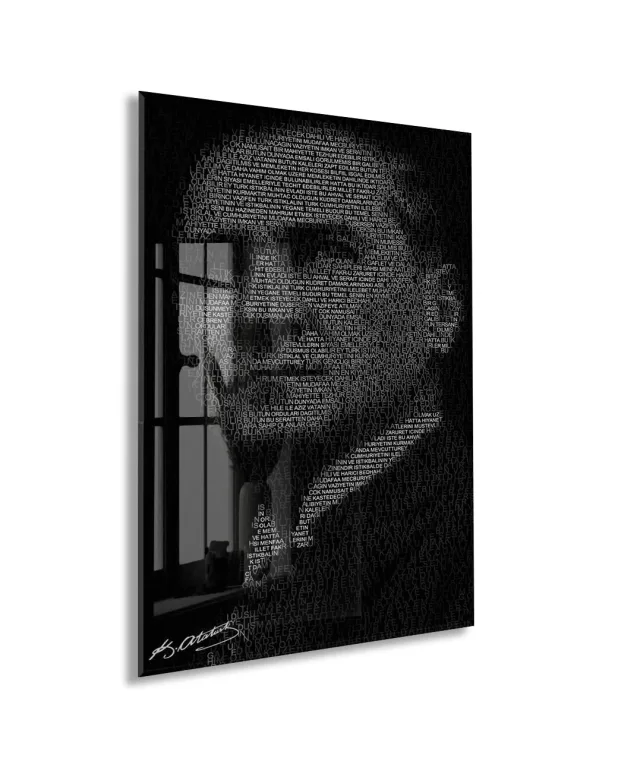 Atatürk Silüet Cam Baskı Tablo | Nutuk Metinli Siyah Beyaz Modern Duvar Dekoru, 4mm Temperli Cam, Yüksek Çözünürlüklü UV Baskı PeonyAta045