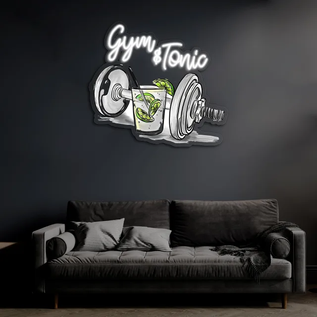 Gym & Tonic Neon Duvar Dekoru | Spor ve Kokteyl Temalı LED Işıklı Tablo | UV Baskı Pleksi Neon | Mizahi Bar ve Ev Dekoru