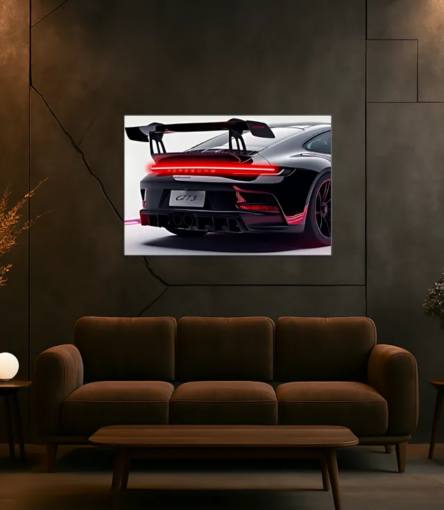 Siyah Spor Araba UV Baskı Neon Duvar Dekoru | GT Tarzı Pleksi Tablo | Kırmızı Işıklı Modern Duvar Sanatı