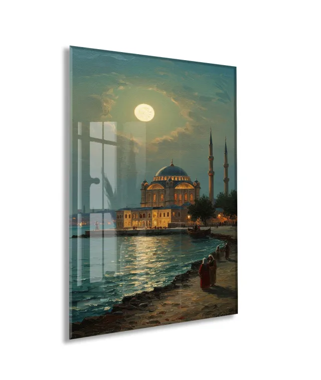 Dolunay Altında İstanbul Camii – Ay Işığında Osmanlı Mimarisi Cam Tablo - PeonyOsm007