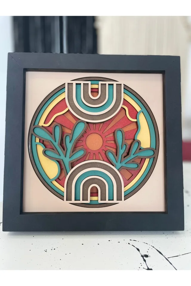 Boho Gökkuşağı & Güneş Katmanlı Tablo – Renkli MDF Çerçeve Duvar Dekoru – El Yapımı Spiritüel Sanat