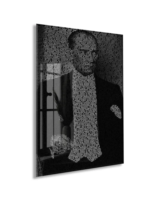 Gençiliğe Hitabe - Silüet Atatürk Cam Tablo | Modern Siyah Tasarım, Anlamlı Atatürk Duvar Dekoru, UV Baskı Temperli Cam Tablo PeonyAta050