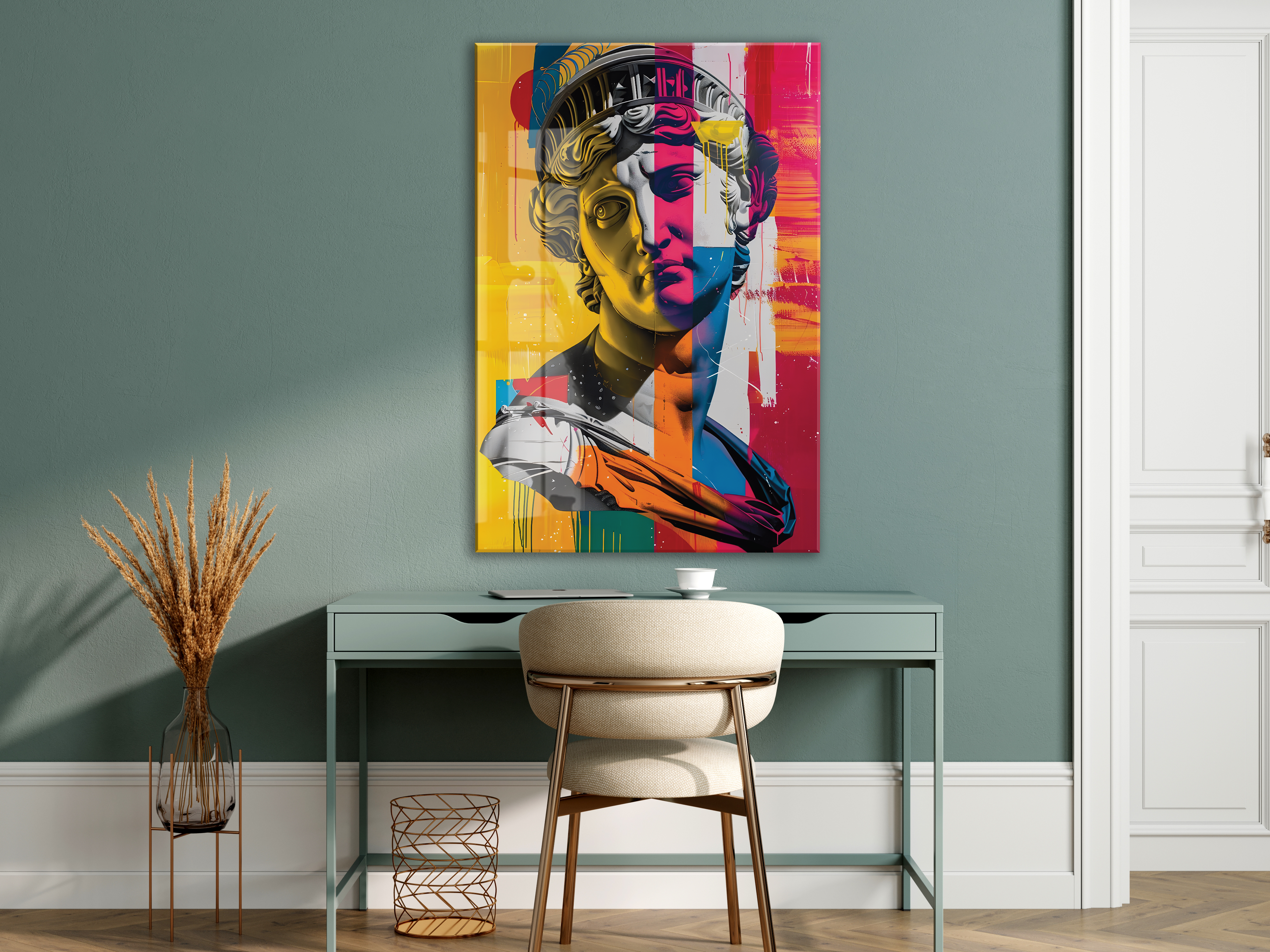 Modern Pop Art Heykel Portre Cam Tablo – Renkli Sanat Temalı UV Baskılı Temperli Cam Duvar Tablosu - Peony010 — görsel 6