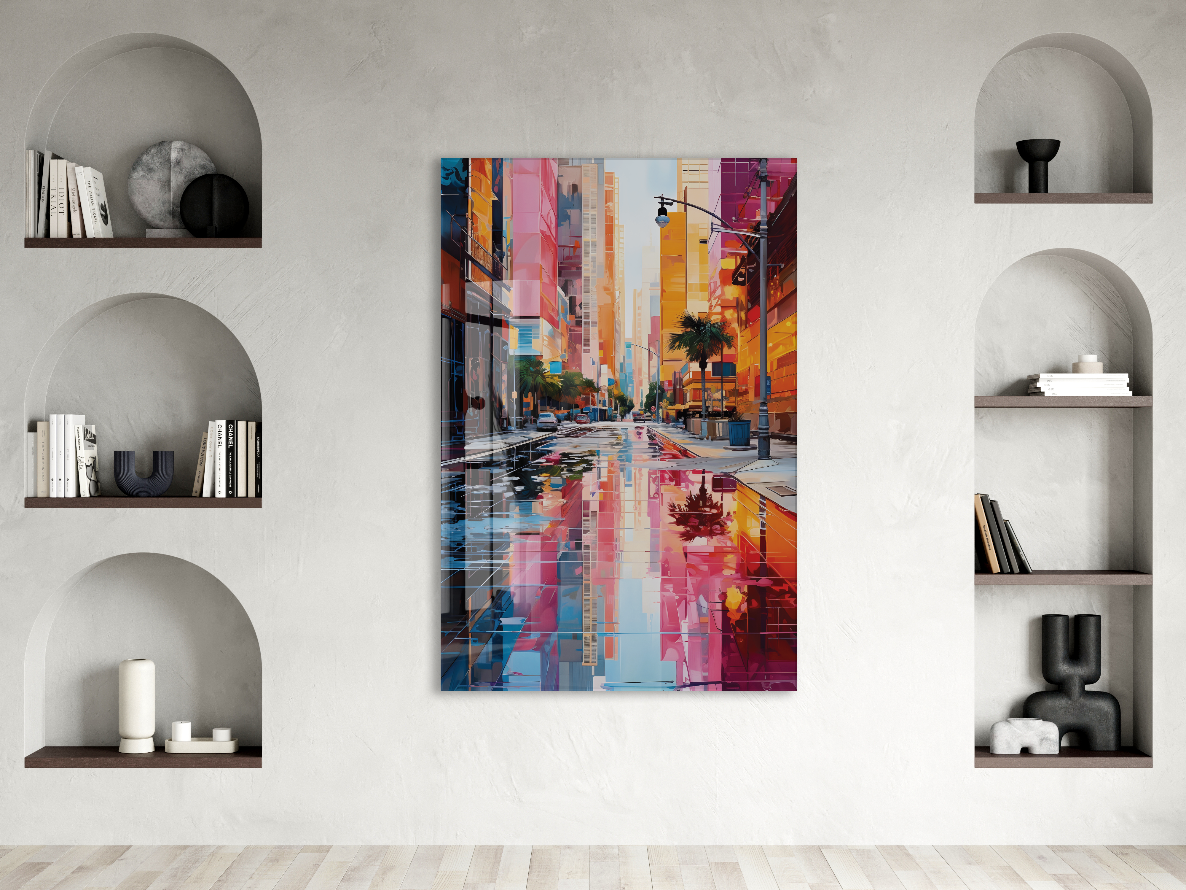 Renkli Modern Şehir Sokağı Cam Tablo – Yansımalı Sokak Manzarası ve Çağdaş Duvar Dekoru - Peony056 — görsel 2