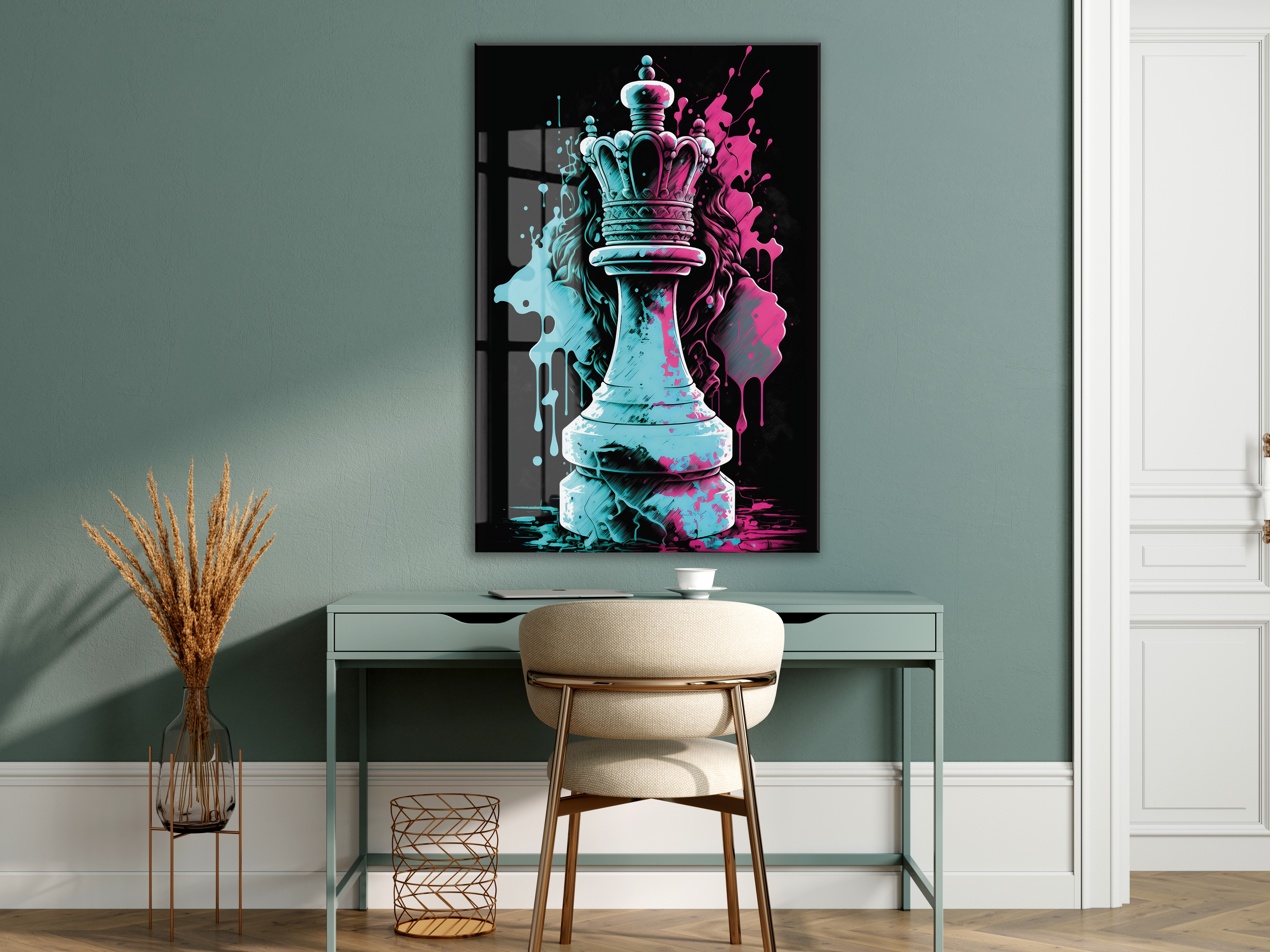 Satranç Kralı Cam Tablo – Güç ve Strateji Temalı Modern Pop Art, UV Baskılı Temperli Cam Duvar Tablosu - Peony037 — görsel 6
