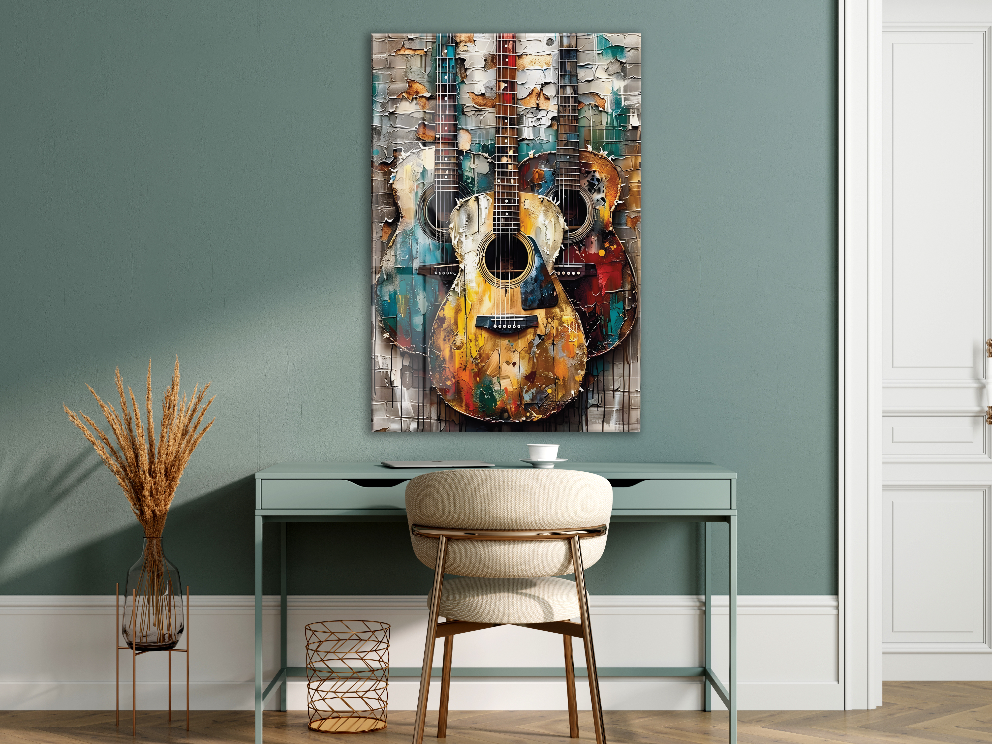 Vintage Gitar Kompozisyonu Cam Tablo – Müzik Temalı Modern Soyut Sanat, Renkli UV Baskılı Temperli Cam Duvar Tablosu - Peony033 — görsel 6