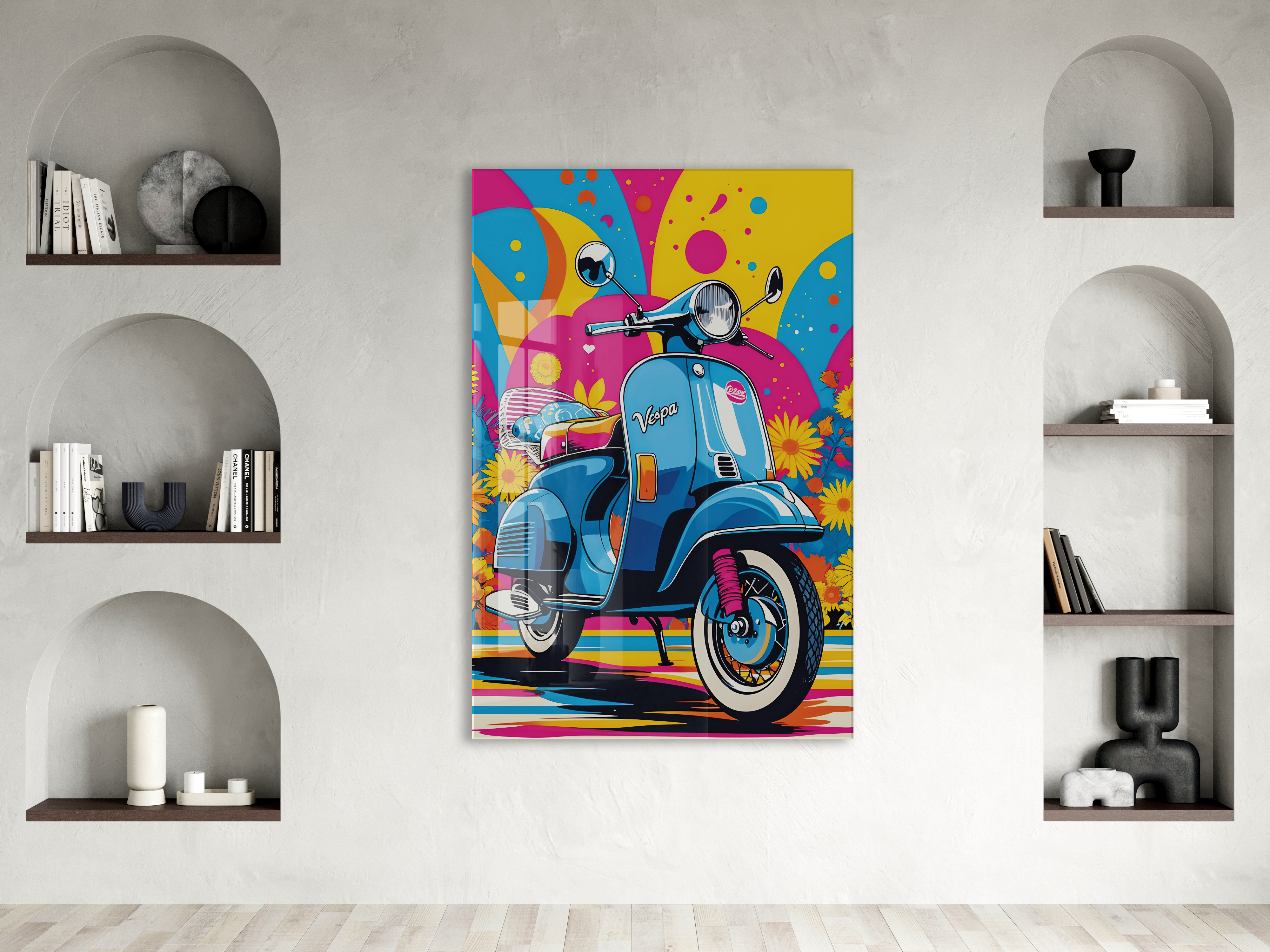 Renkli Vespa Scooter Cam Tablo – Pop Art Stil, UV Baskılı Temperli Cam Duvar Dekoru - Peony040 — görsel 2