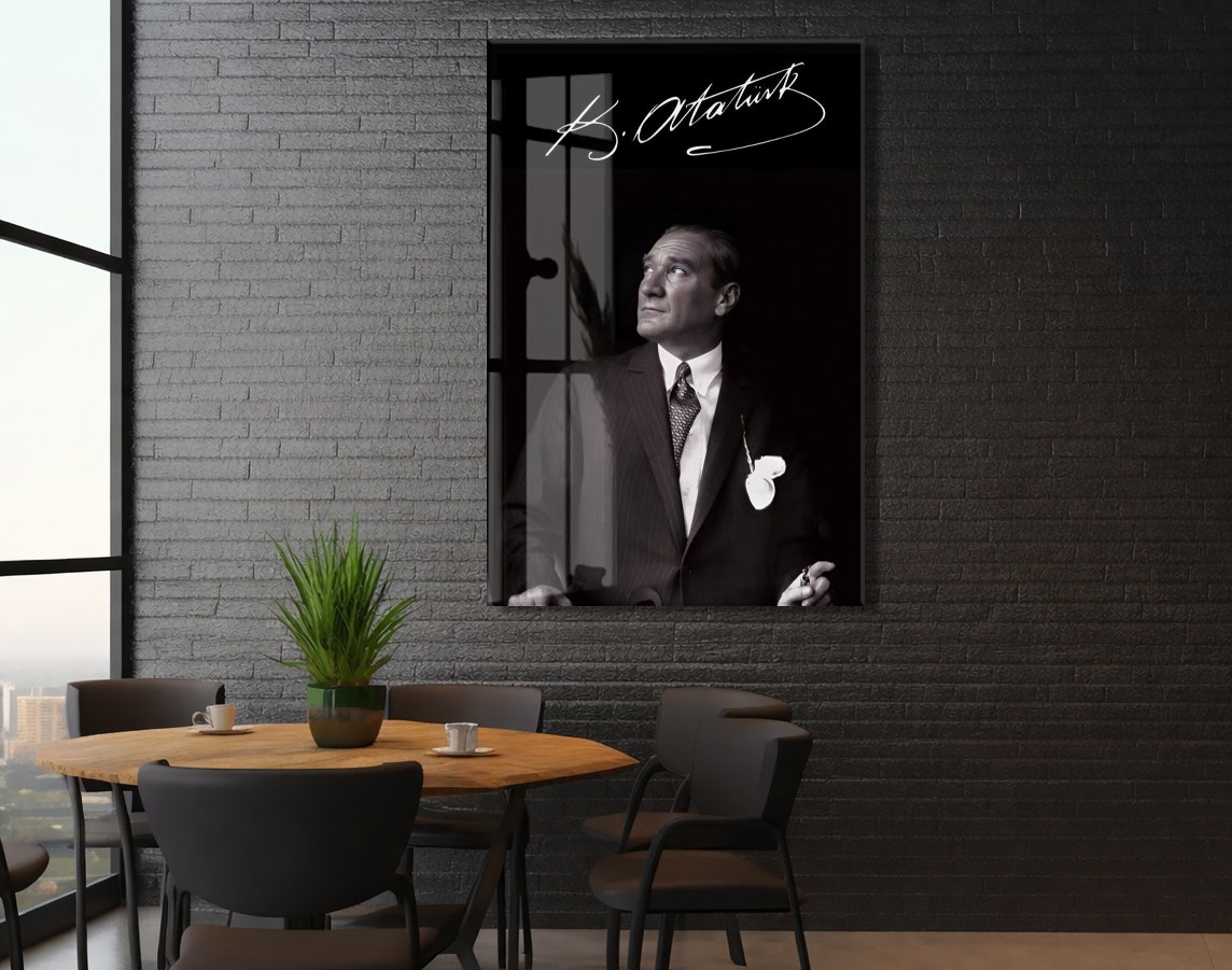 Atatürk İmzalı Cam Tablo – Siyah Beyaz Mustafa Kemal Atatürk Portresi-PeonyAta1346 — görsel 6