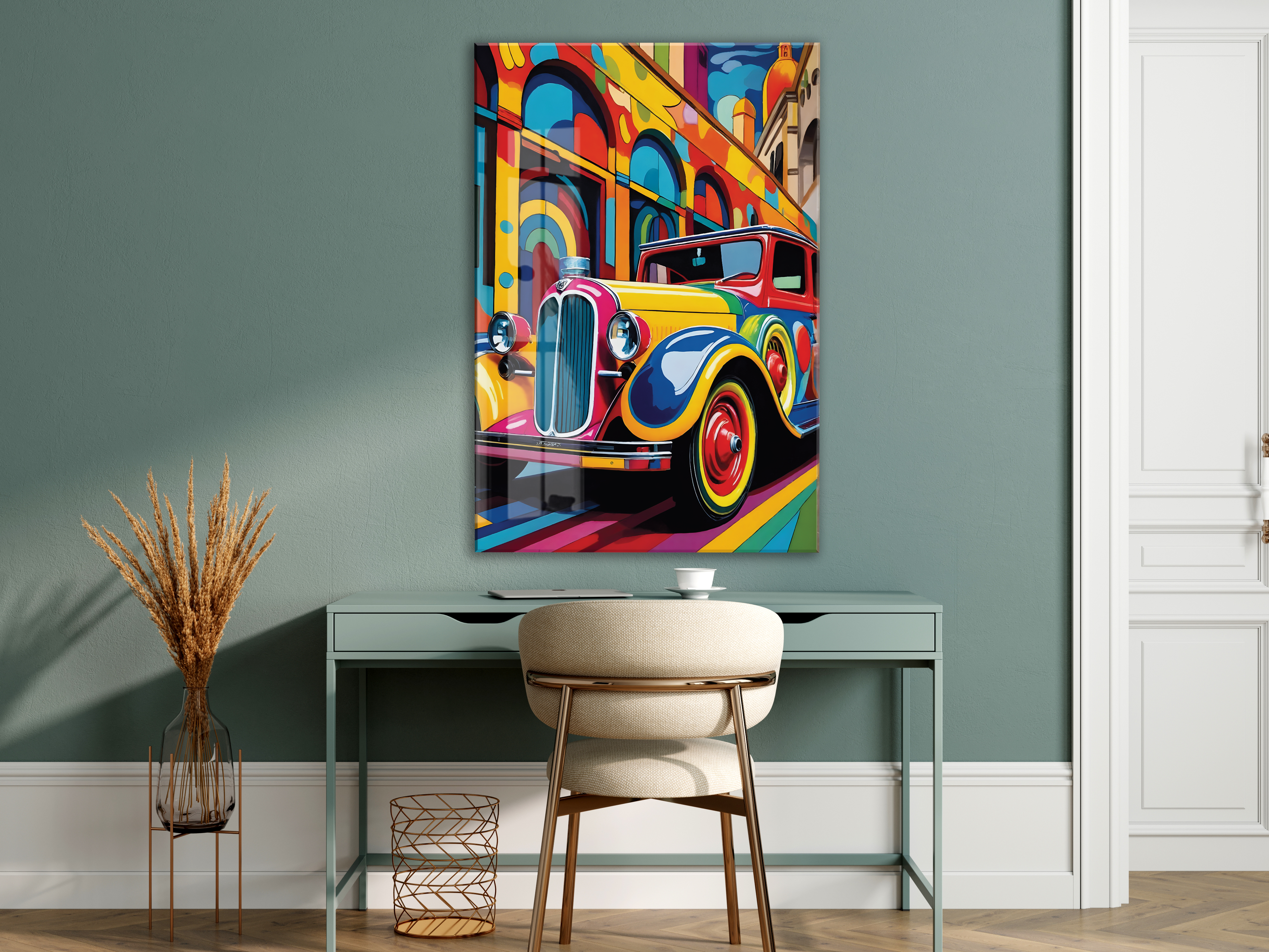 Renkli Klasik Araba Cam Tablo – Retro Otomobil Temalı Modern Pop Art, UV Baskılı Temperli Cam Duvar Tablosu - Peony036 — görsel 6