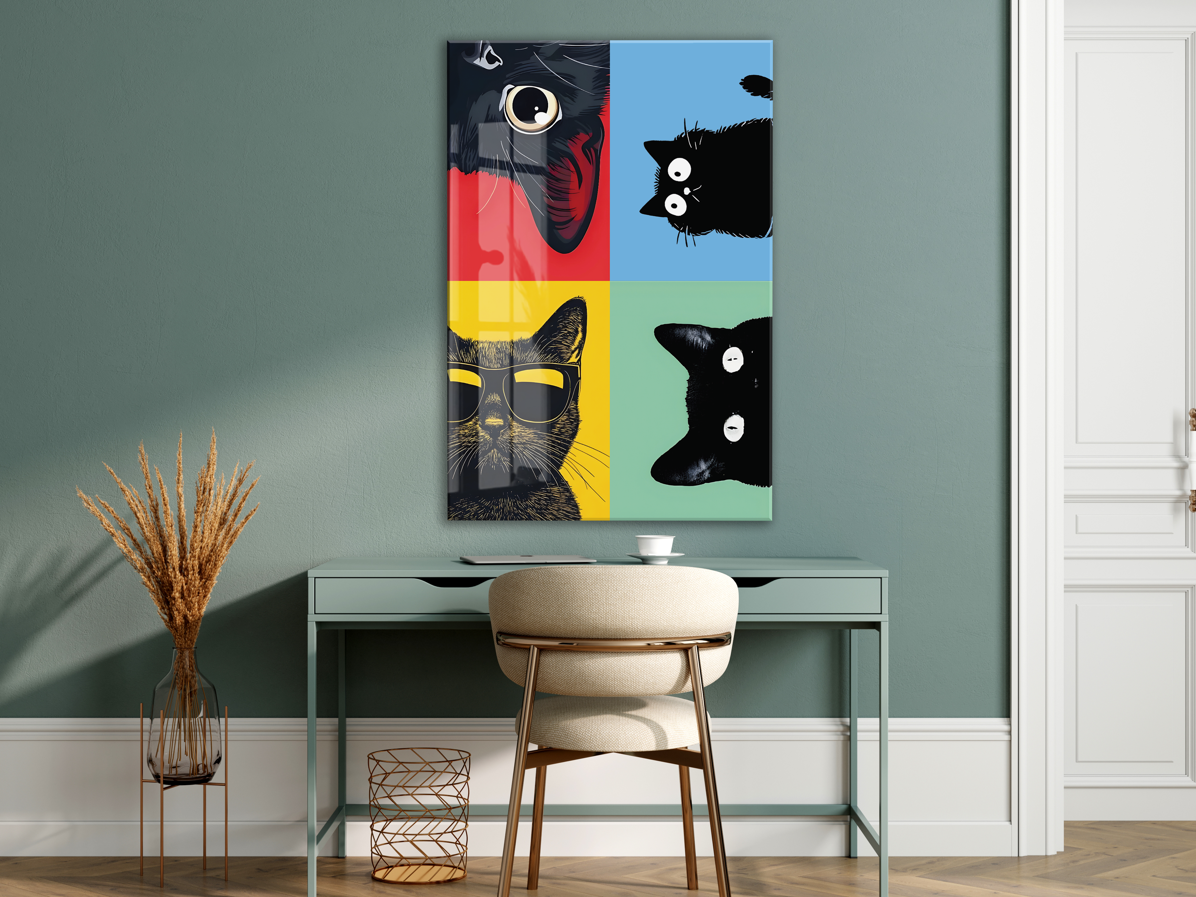 Pop Art Cats – Dört Ruh, Tek Stil Pop Art Duvar  Cam Sanatı- Peony052 — görsel 7