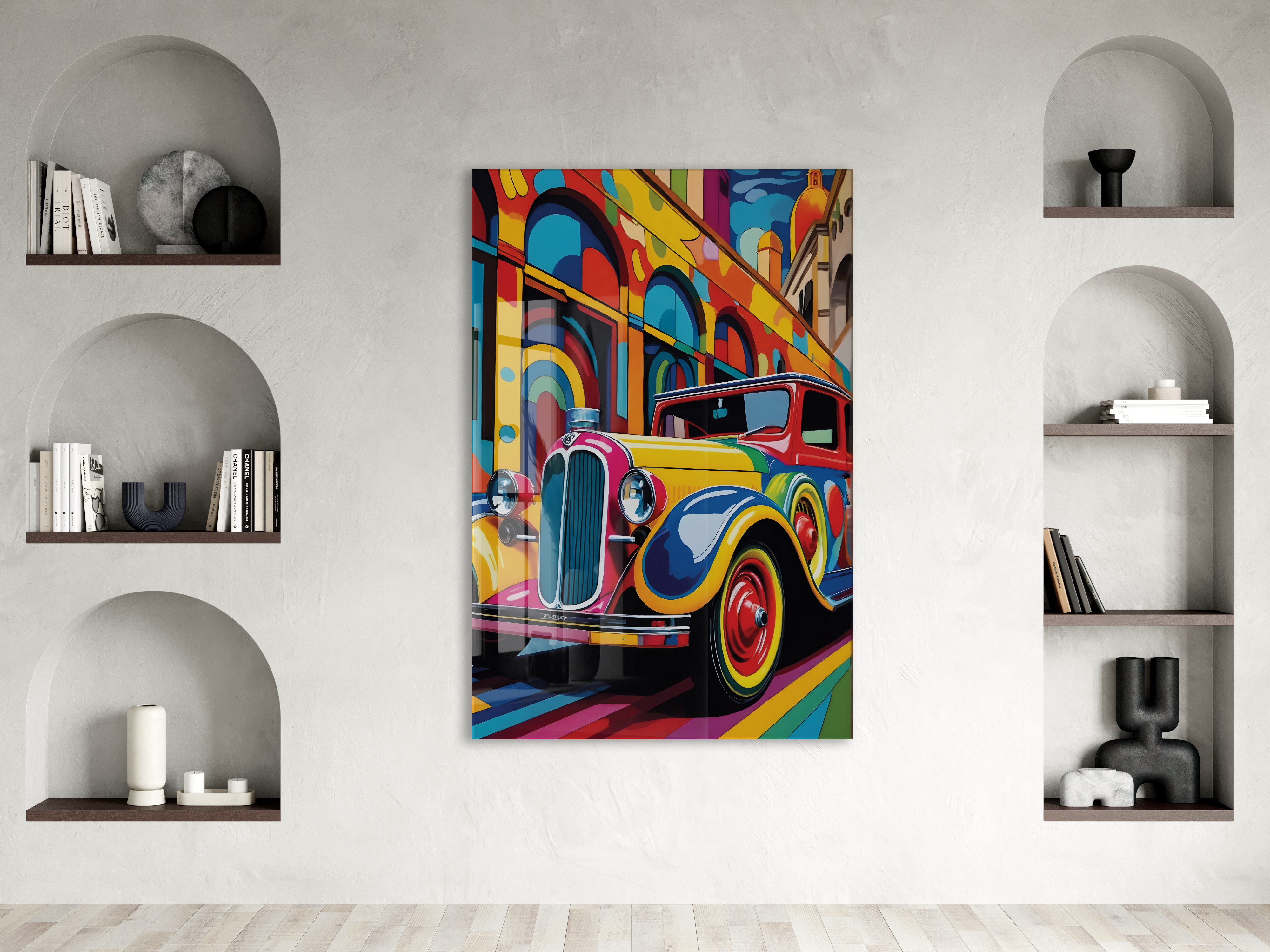 Renkli Klasik Araba Cam Tablo – Retro Otomobil Temalı Modern Pop Art, UV Baskılı Temperli Cam Duvar Tablosu - Peony036 — görsel 2