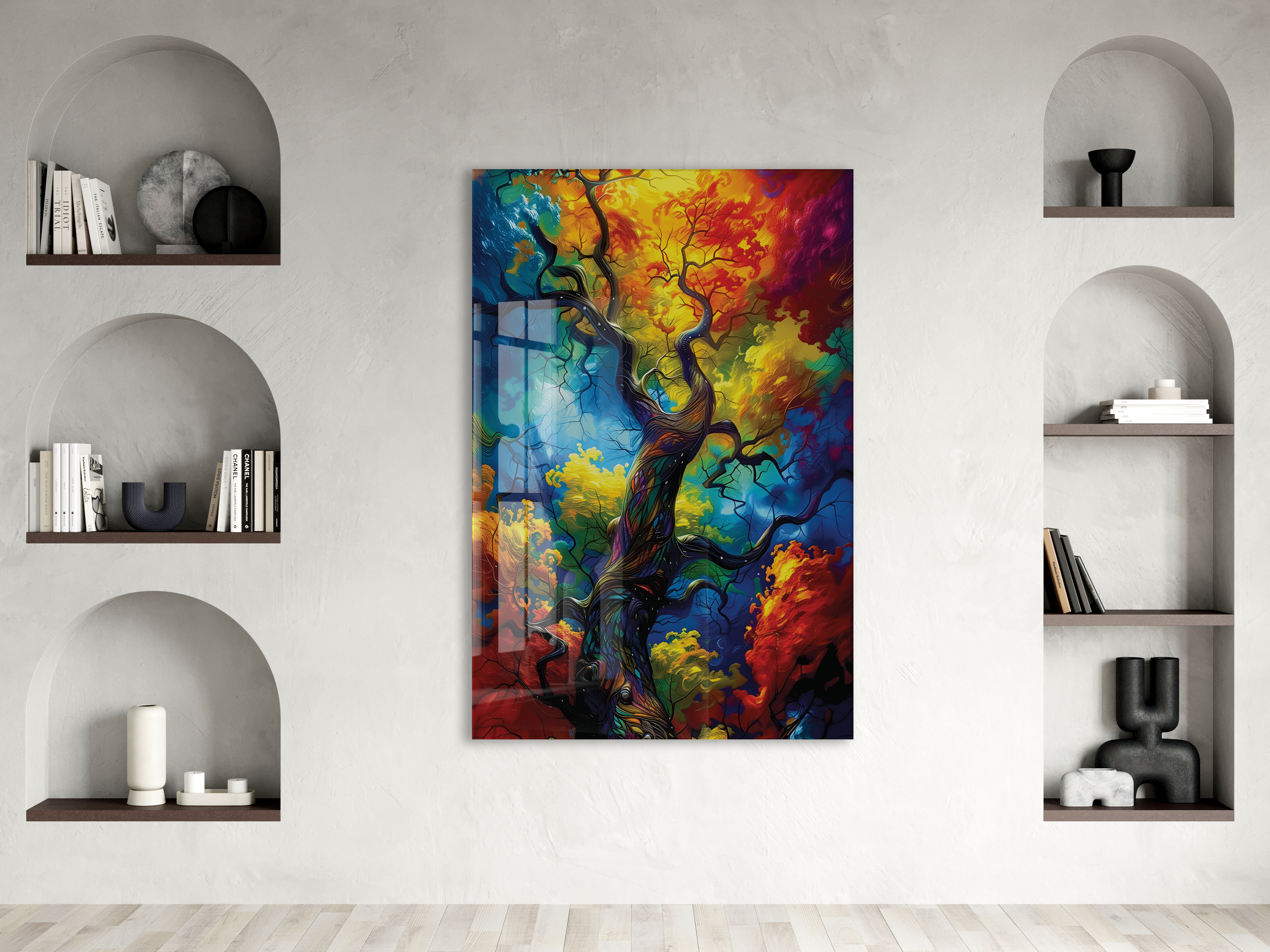 Renk Patlaması Soyut Ağaç Cam Tablo – Modern Sanat Temalı UV Baskılı Temperli Cam Duvar Tablosu - Peony027 — görsel 2