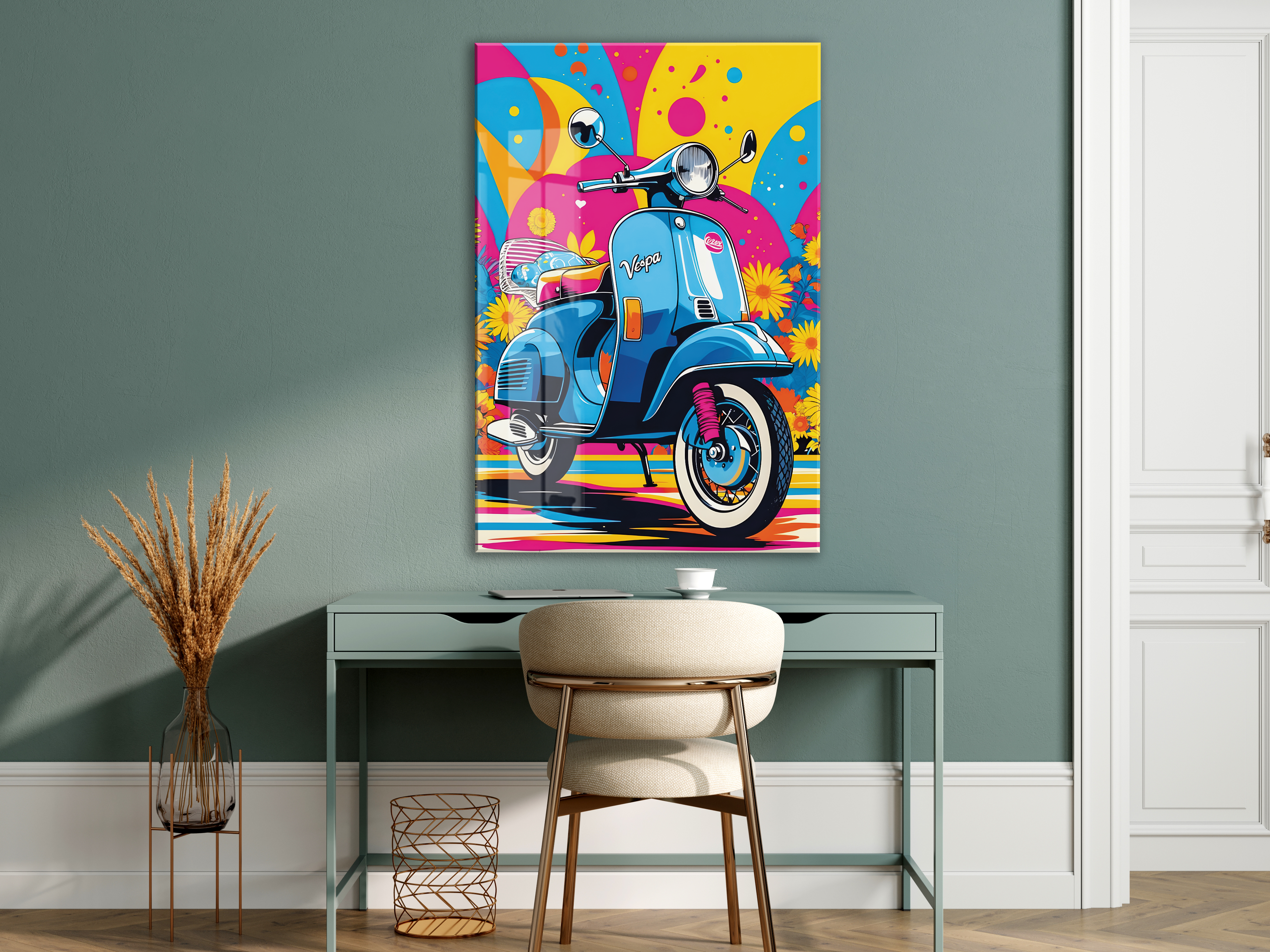 Renkli Vespa Scooter Cam Tablo – Pop Art Stil, UV Baskılı Temperli Cam Duvar Dekoru - Peony040 — görsel 6