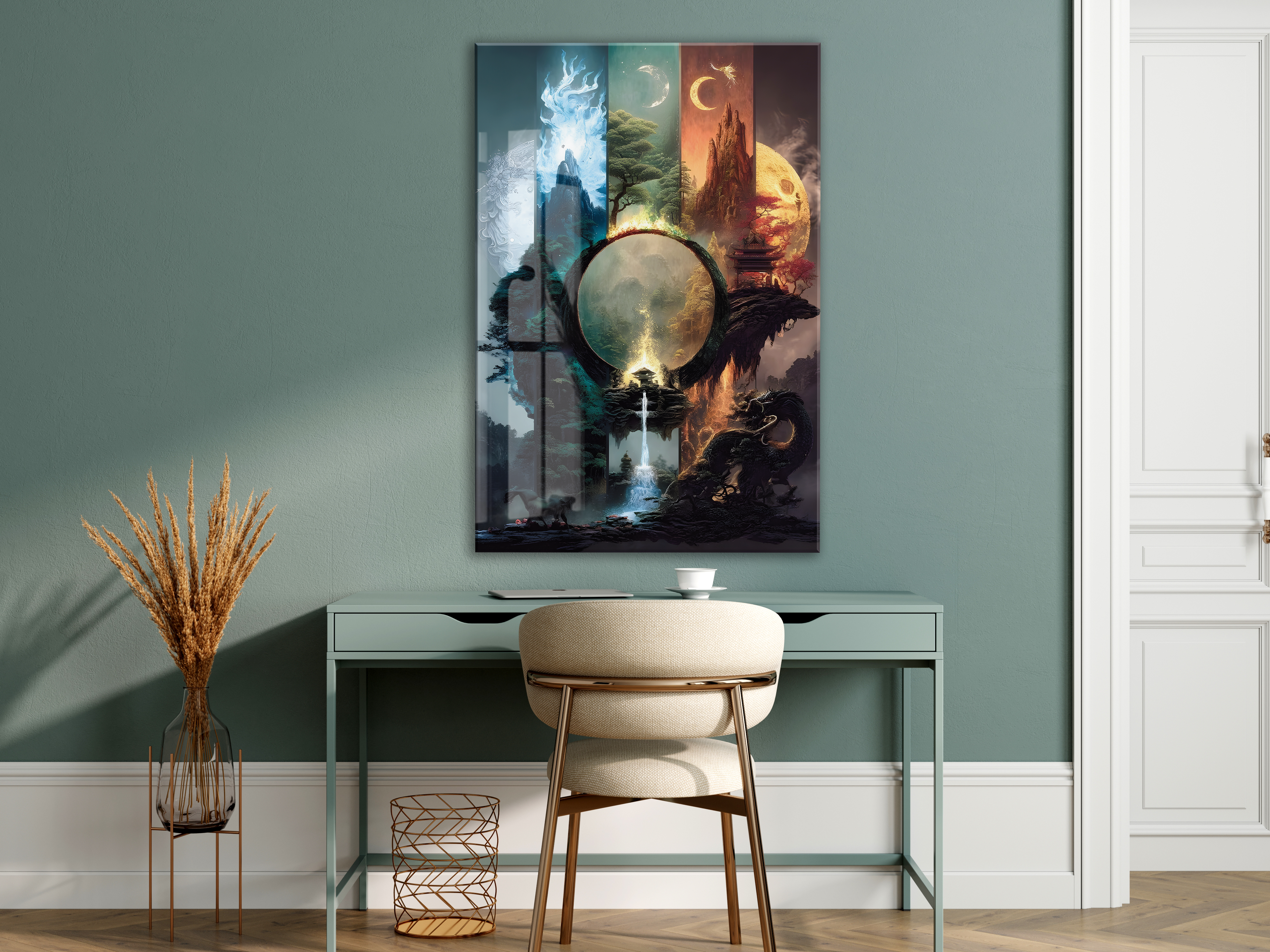 Modern Fantastik Doğa Kapısı Cam Tablo – Çok Katmanlı Sanatsal UV Baskılı Temperli Cam Duvar Tablosu - Peony002 — görsel 6