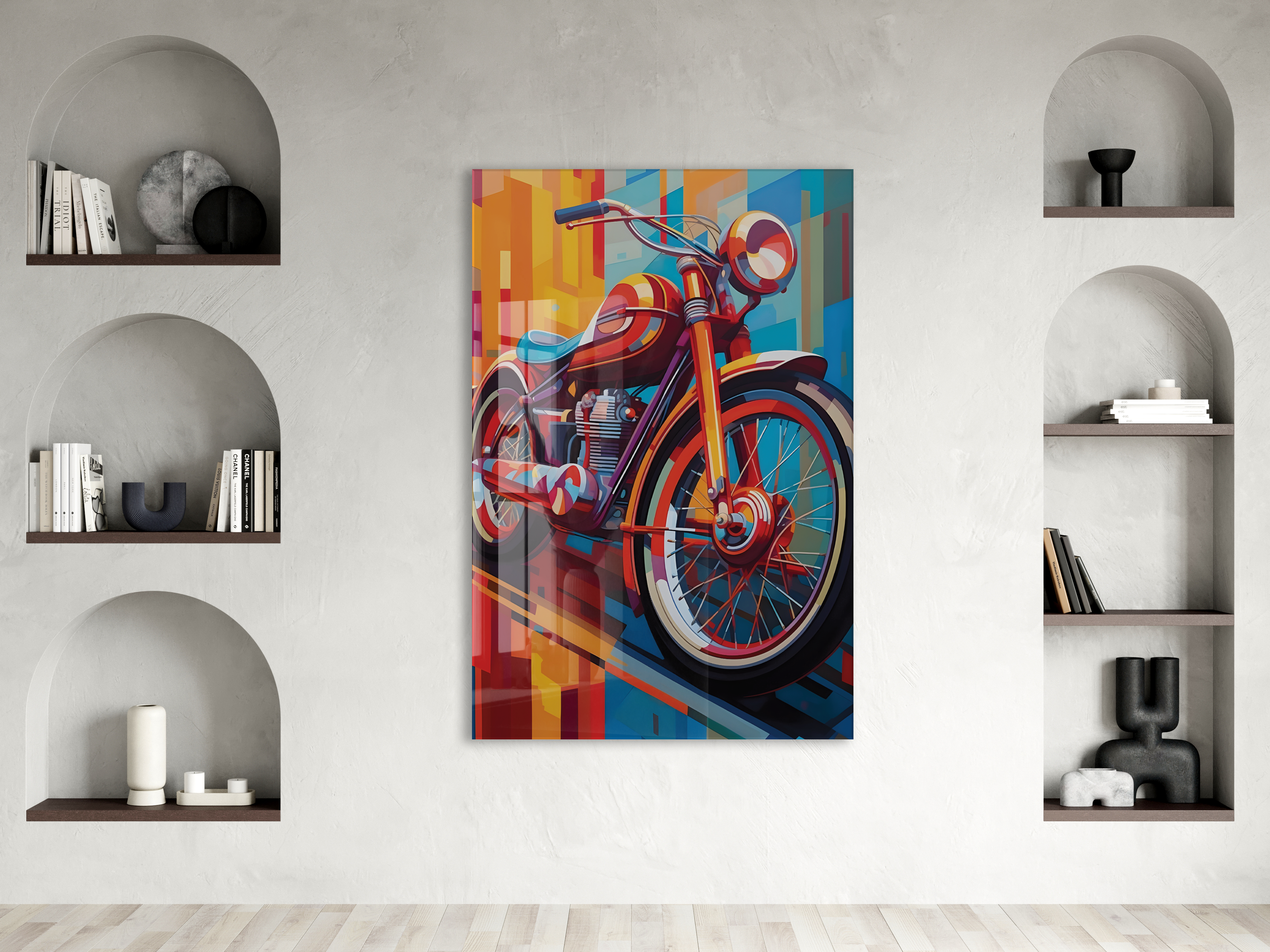 Retro Motosiklet Cam Tablo – Modern Geometrik Stil, Renkli UV Baskılı Temperli Cam Duvar Tablosu - Peony039 — görsel 2