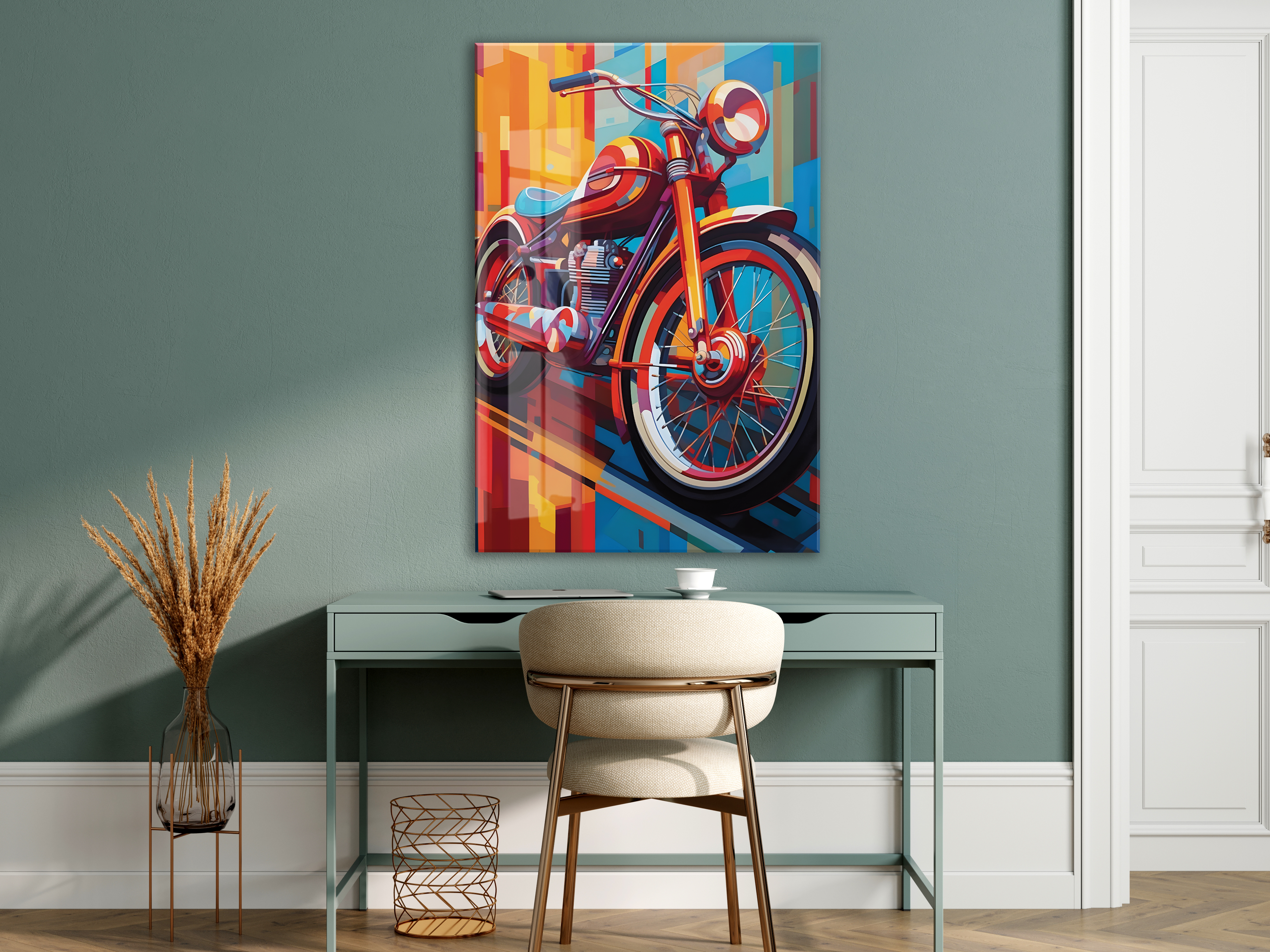 Retro Motosiklet Cam Tablo – Modern Geometrik Stil, Renkli UV Baskılı Temperli Cam Duvar Tablosu - Peony039 — görsel 6