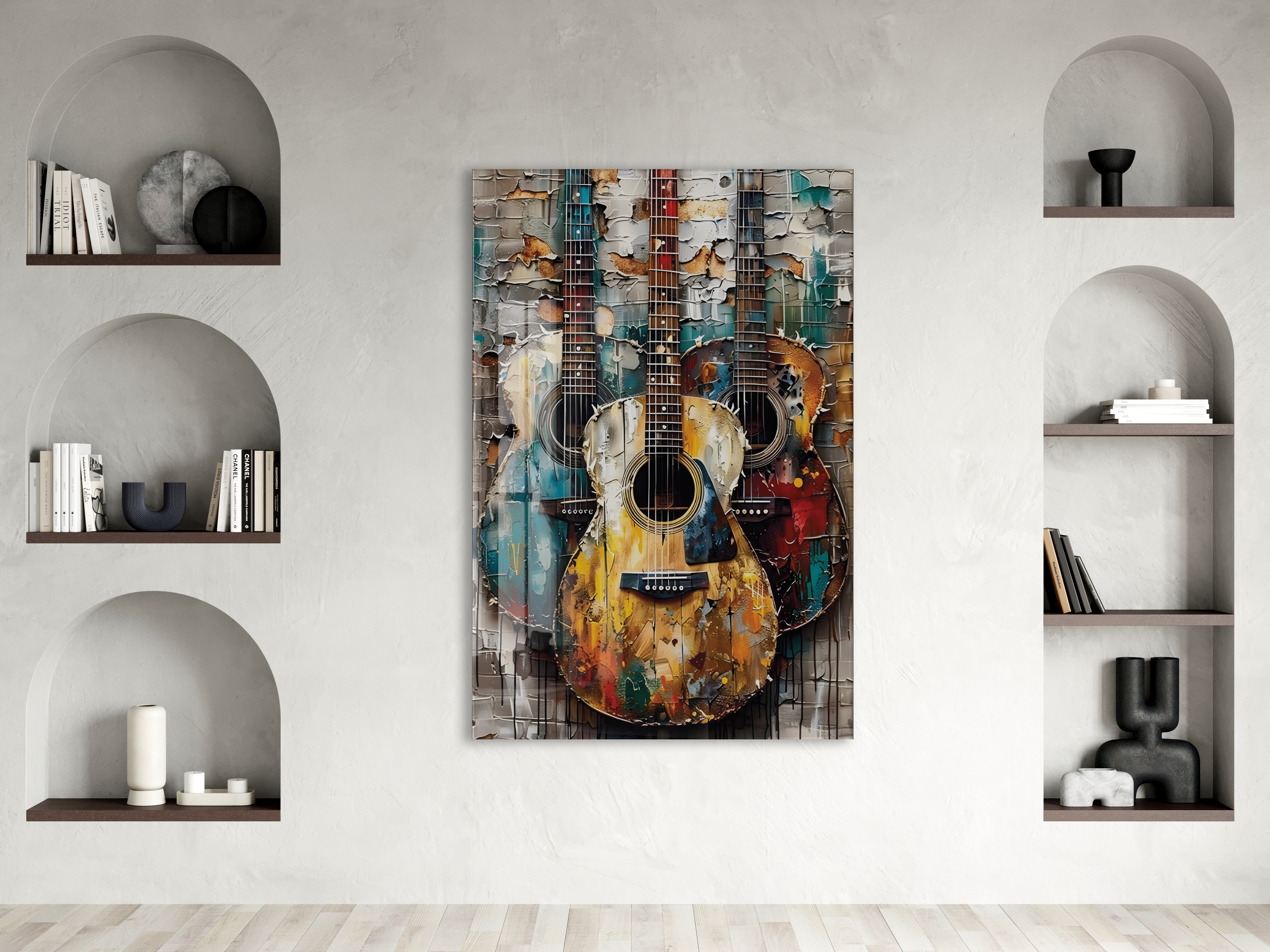 Vintage Gitar Kompozisyonu Cam Tablo – Müzik Temalı Modern Soyut Sanat, Renkli UV Baskılı Temperli Cam Duvar Tablosu - Peony033 — görsel 2