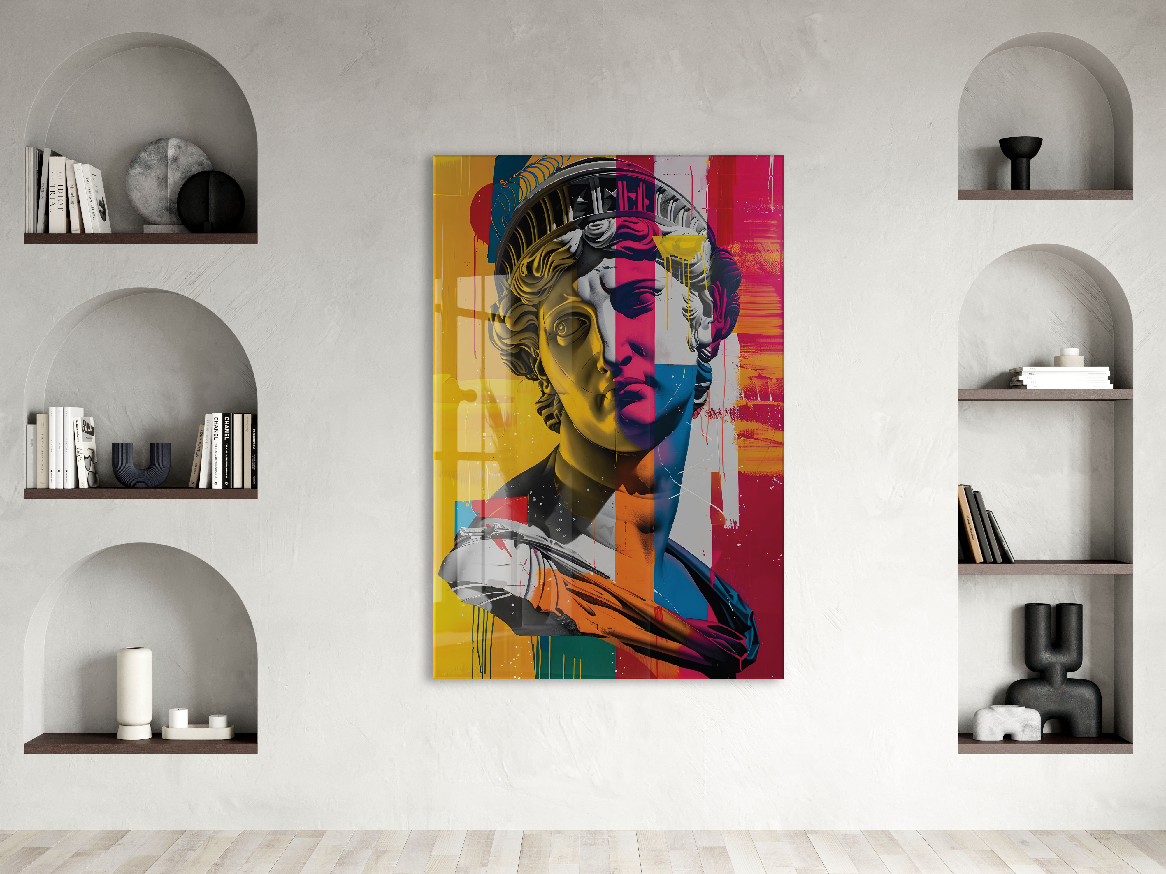 Modern Pop Art Heykel Portre Cam Tablo – Renkli Sanat Temalı UV Baskılı Temperli Cam Duvar Tablosu - Peony010 — görsel 2