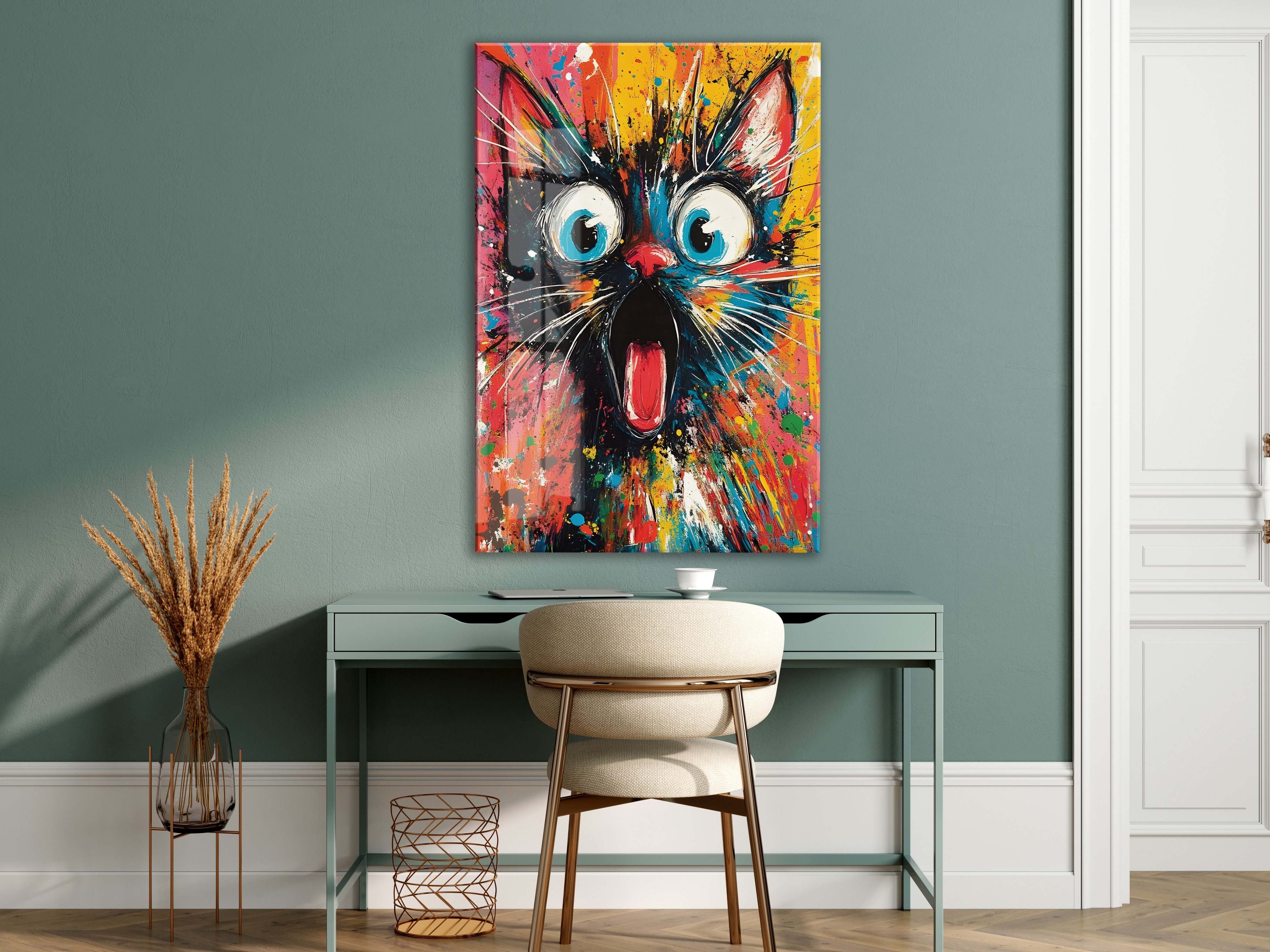 Şaşkın Kedi – Renkli Pop Art Duvar Cam Sanatı- Peony050 — görsel 7