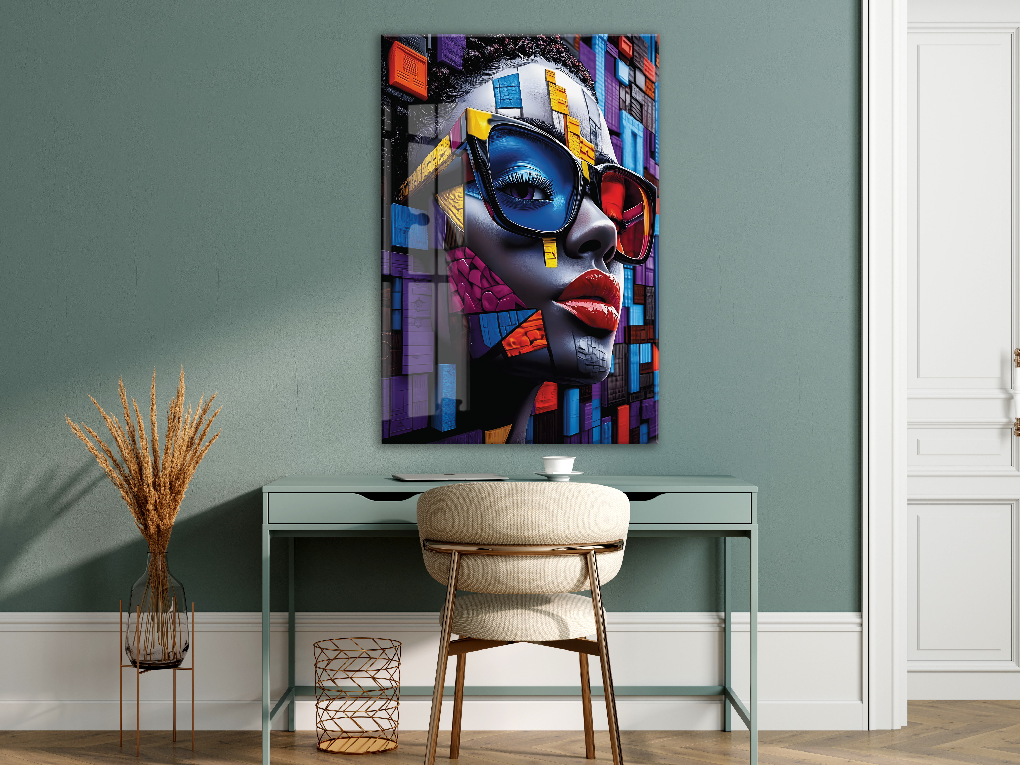 Geometrik Portre Soyut Cam Tablo – Modern Pop Art Stilinde UV Baskılı Temperli Cam Duvar Tablosu - Peony028 — görsel 8