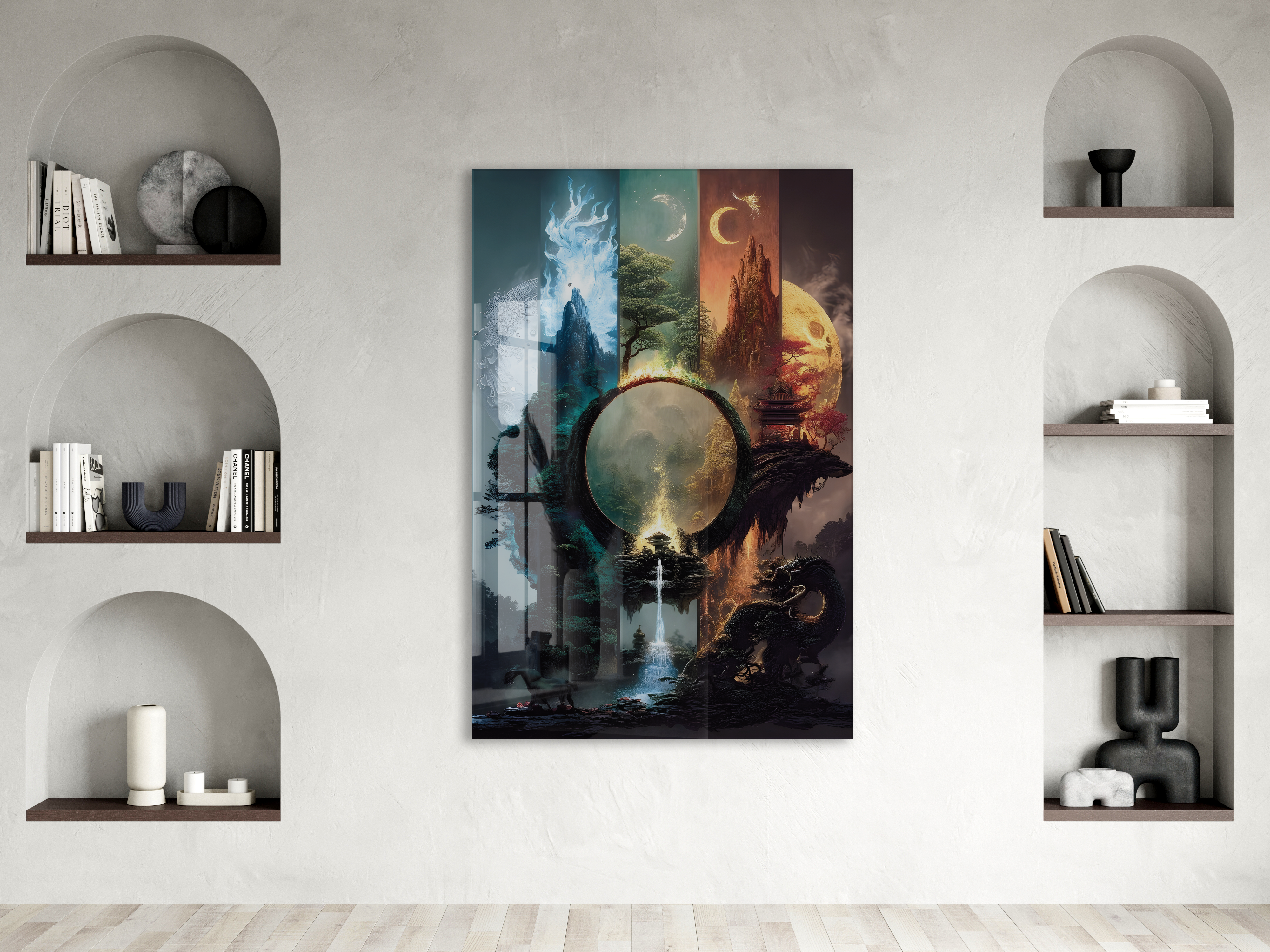 Modern Fantastik Doğa Kapısı Cam Tablo – Çok Katmanlı Sanatsal UV Baskılı Temperli Cam Duvar Tablosu - Peony002 — görsel 2