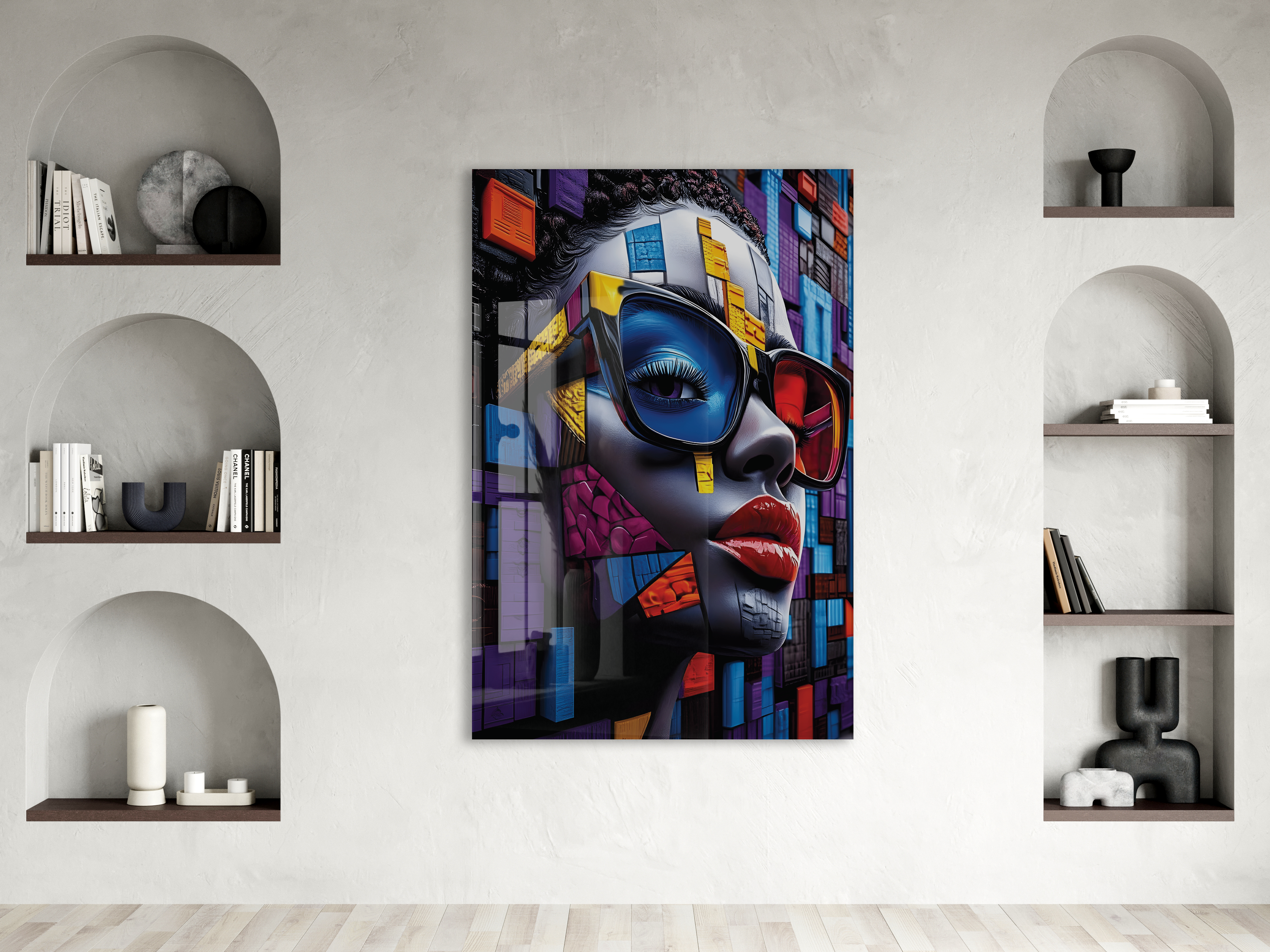 Geometrik Portre Soyut Cam Tablo – Modern Pop Art Stilinde UV Baskılı Temperli Cam Duvar Tablosu - Peony028 — görsel 2