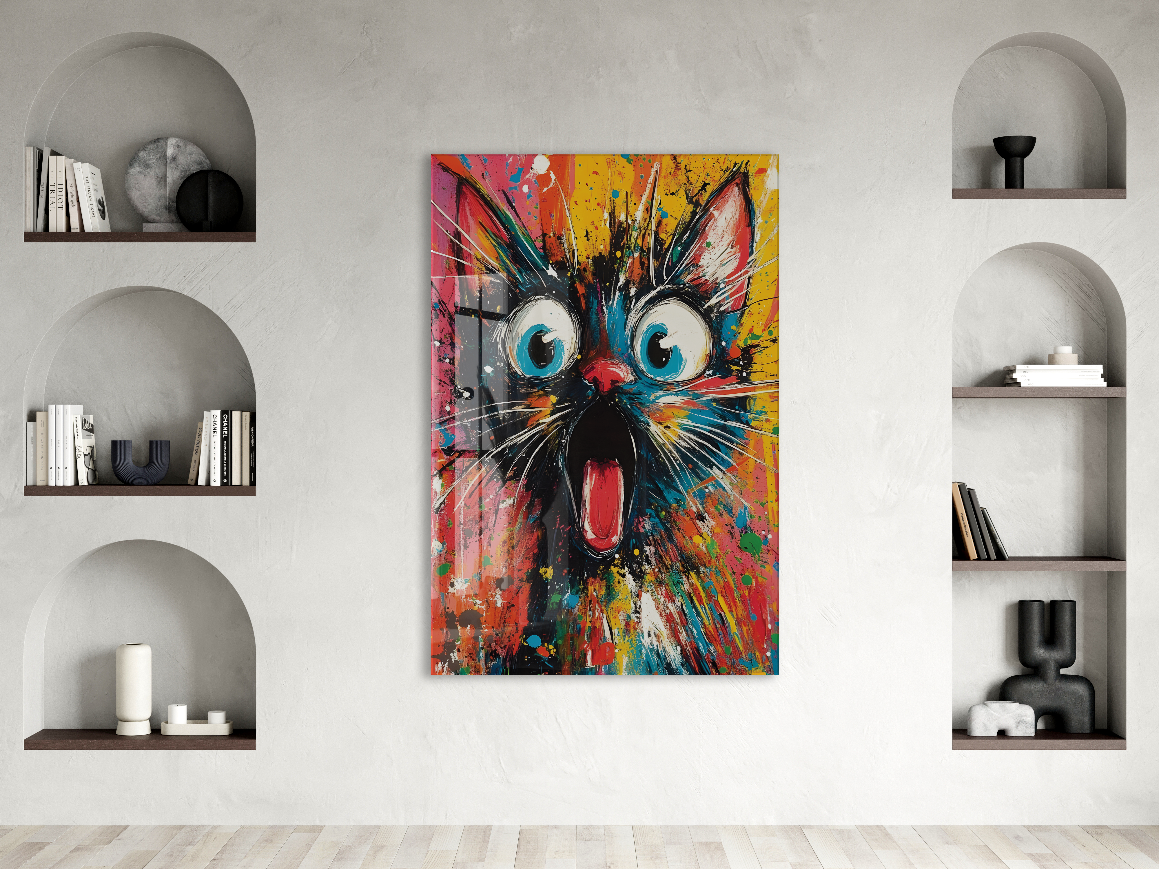 Şaşkın Kedi – Renkli Pop Art Duvar Cam Sanatı- Peony050 — görsel 2