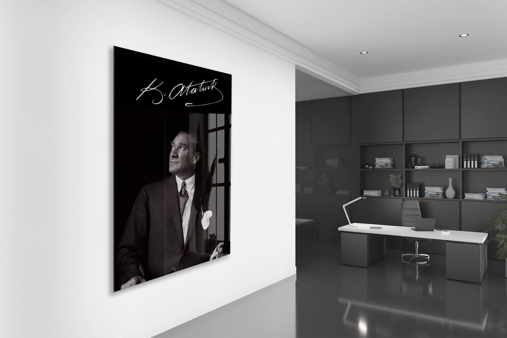 Atatürk İmzalı Cam Tablo – Siyah Beyaz Mustafa Kemal Atatürk Portresi-PeonyAta1346 — görsel 5